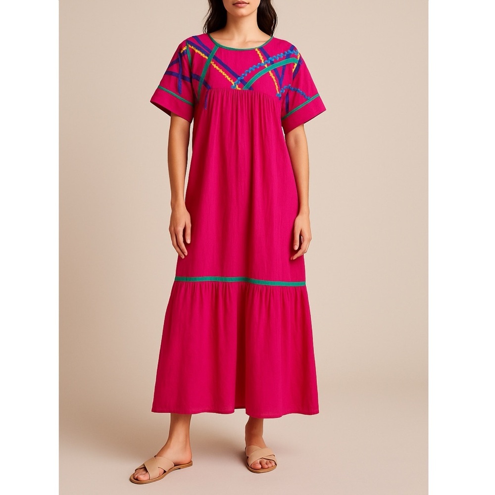 Vintage APPÉL Mexico Bright Pink Cotton Rickrack Folk Dress Festival Boho M